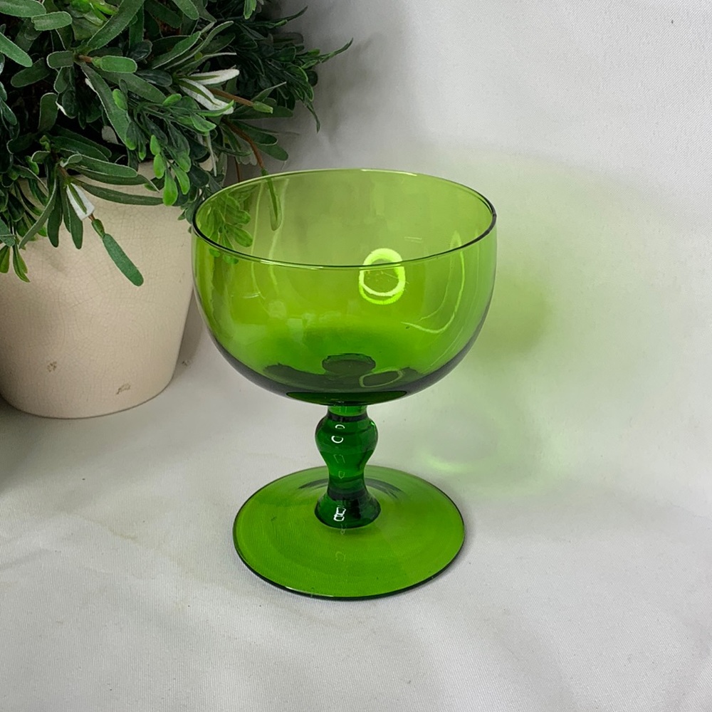 Beautiful hand blown green vintage MCM champagne coupe cocktail glass